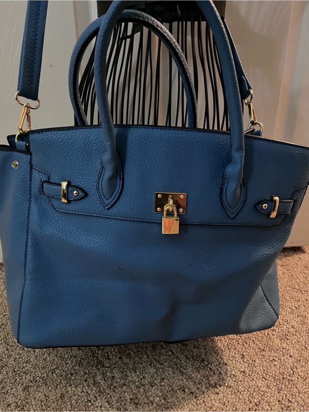 Structured Blue Tote Bag with Gold Lock
